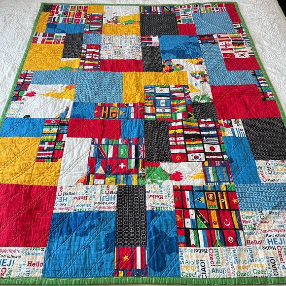 40”x53” Homemade Cotton World Flags Quilt. - Picture 2 of 9